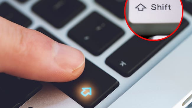 Dedo índice presionando SHIFT, y encima una imagen de la tecla SHIFT. (Foto: Getty Images)