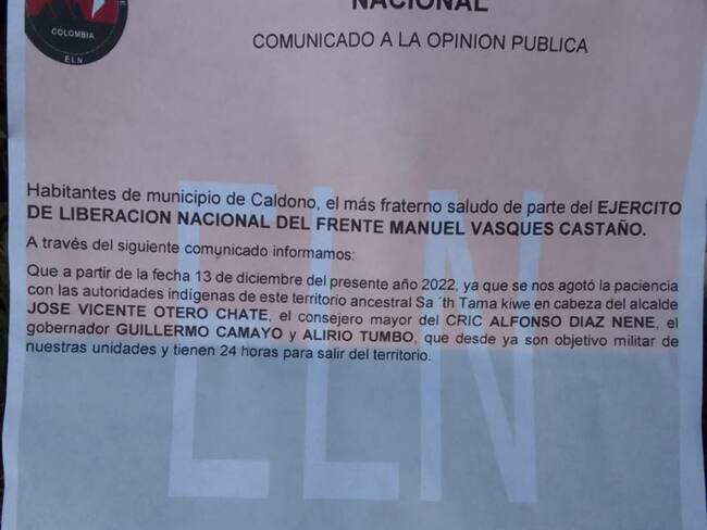 Por panfleto firmado por el ELN alcalde salió de Caldono, Cauca