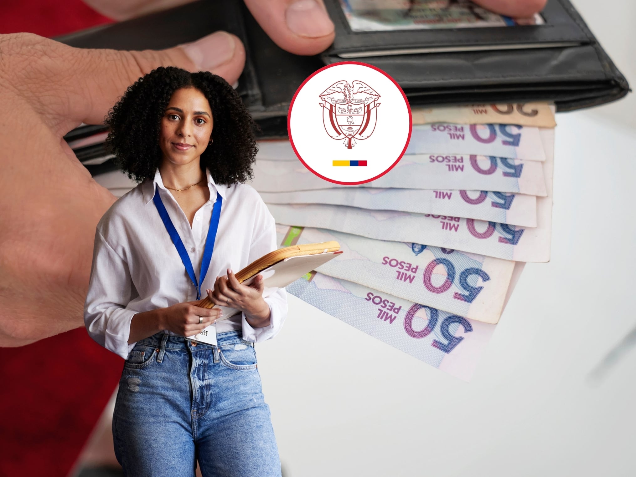 De fondo: Persona contando billetes desde su cartera. Al frente: Docente (Crédito: Getty Images). En el centro: Logo del Ministerio de Educación Nacional (Crédito: Mineducación)