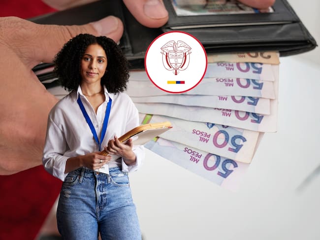 De fondo: Persona contando billetes desde su cartera. Al frente: Docente (Crédito: Getty Images). En el centro: Logo del Ministerio de Educación Nacional (Crédito: Mineducación)