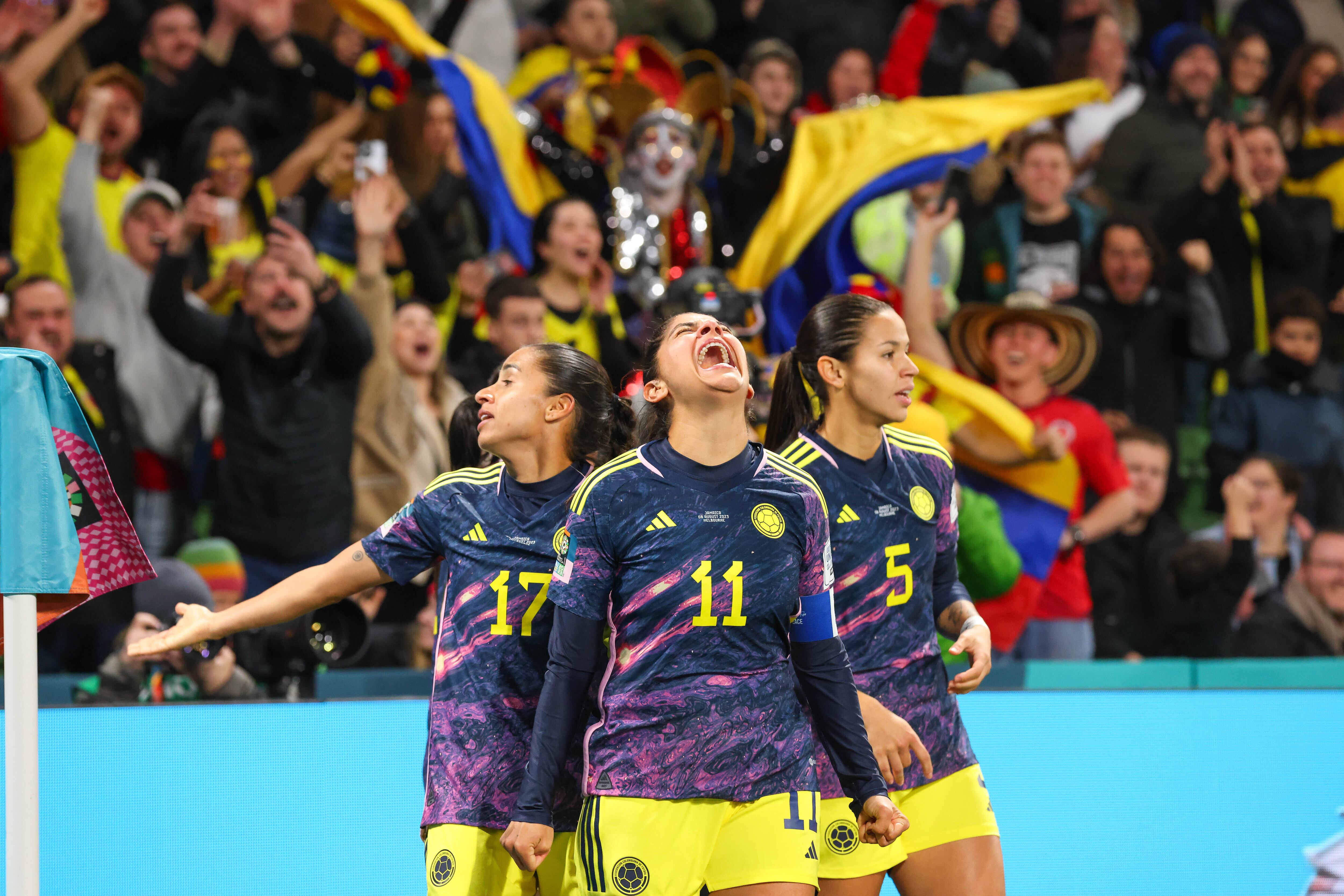 MELBOURNE, VICTORIA, AUSTRALIA - 2023/08/08: Catalina Usme of Colombia (C) celebrates after scoring a goal during the FIFA Women's World Cup Australia & New Zealand 2023 Round of 16 match between Colombia and Jamaica at Melbourne Rectangular Stadium. Columbia won the match 1-0. (Photo by George Hitchens/SOPA Images/LightRocket via Getty Images)