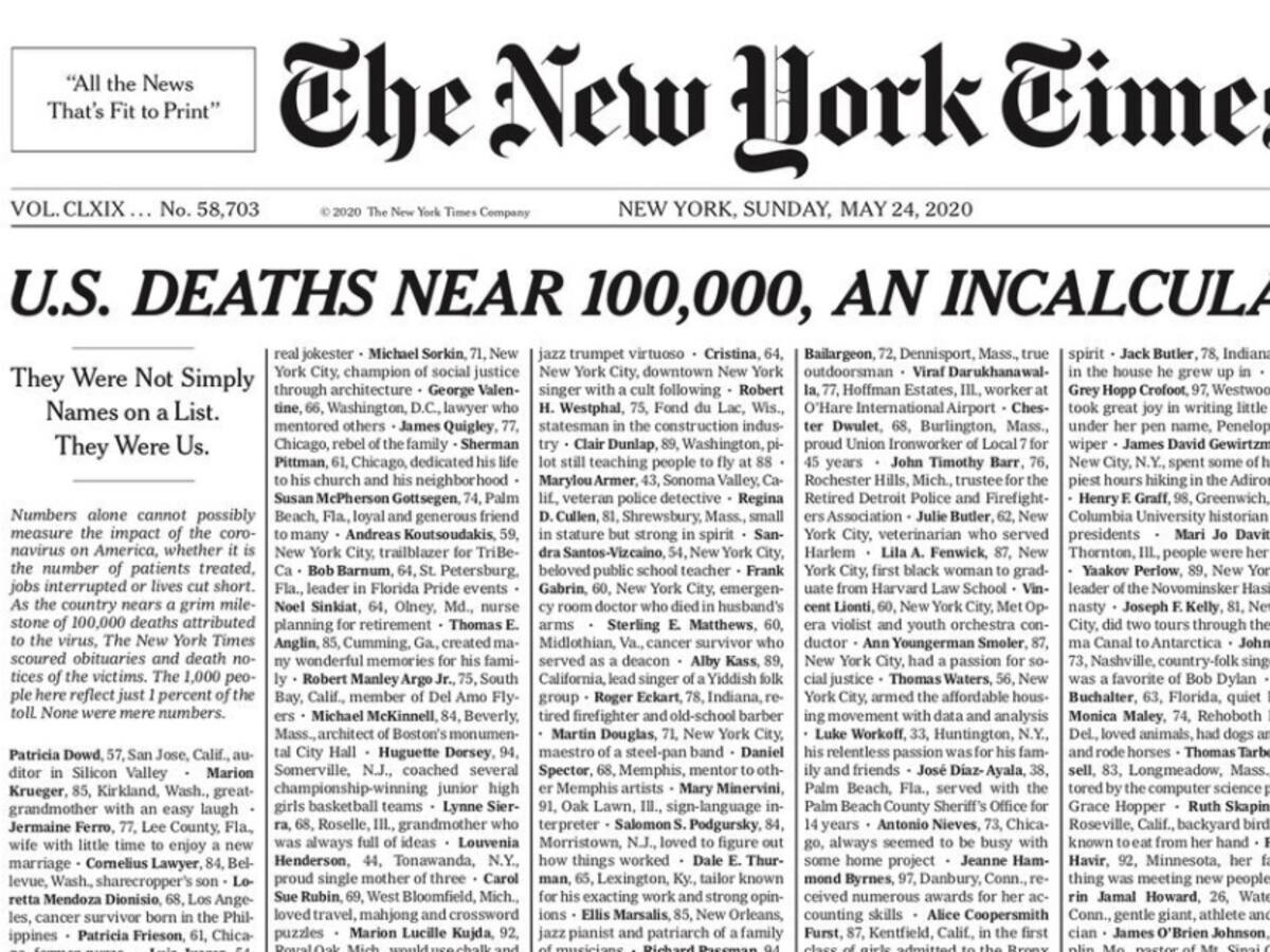 The New York Times hace un homenaje a los casi 100.000 muertos en EE.UU.