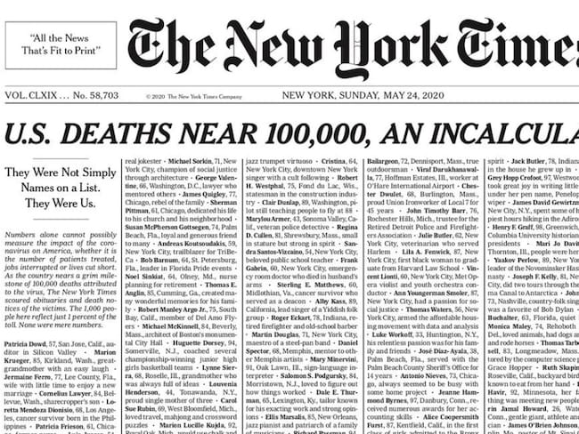 The New York Times hace un homenaje a los casi 100.000 muertos en EE.UU.