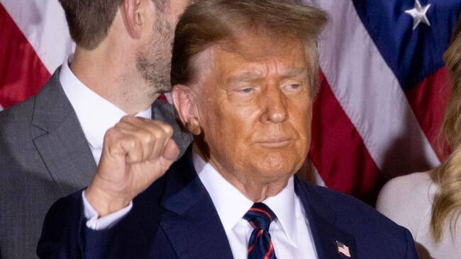 Nashua (United States), 24/01/2024.- Former US President Donald J. Trump reacts during a speech following his win in the New Hampshire primary, during an election night watch party in Nashua, New Hampshire, USA, 23 January 2024. The New Hampshire primary is the first primary in the nation and the second contest in the nominating process for the Republican presidential nomination. In the backround Republican Senator of South Carolina Tim Scott. EFE/EPA/MICHAEL REYNOLDS