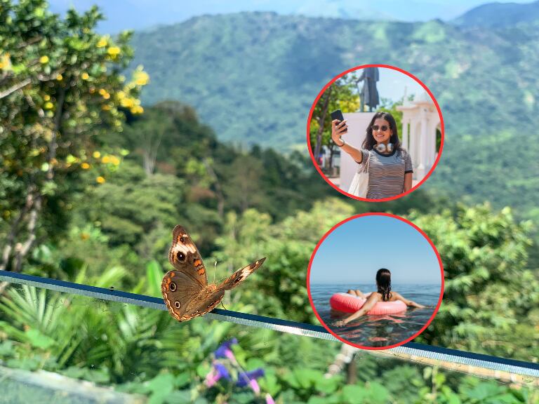 Un paisaje naturan en Santa marta y al lado una mujer tomando una foto en el centro histórico de Santa marta y otra persona haciendo tubing (Fotos vía Getty Images)