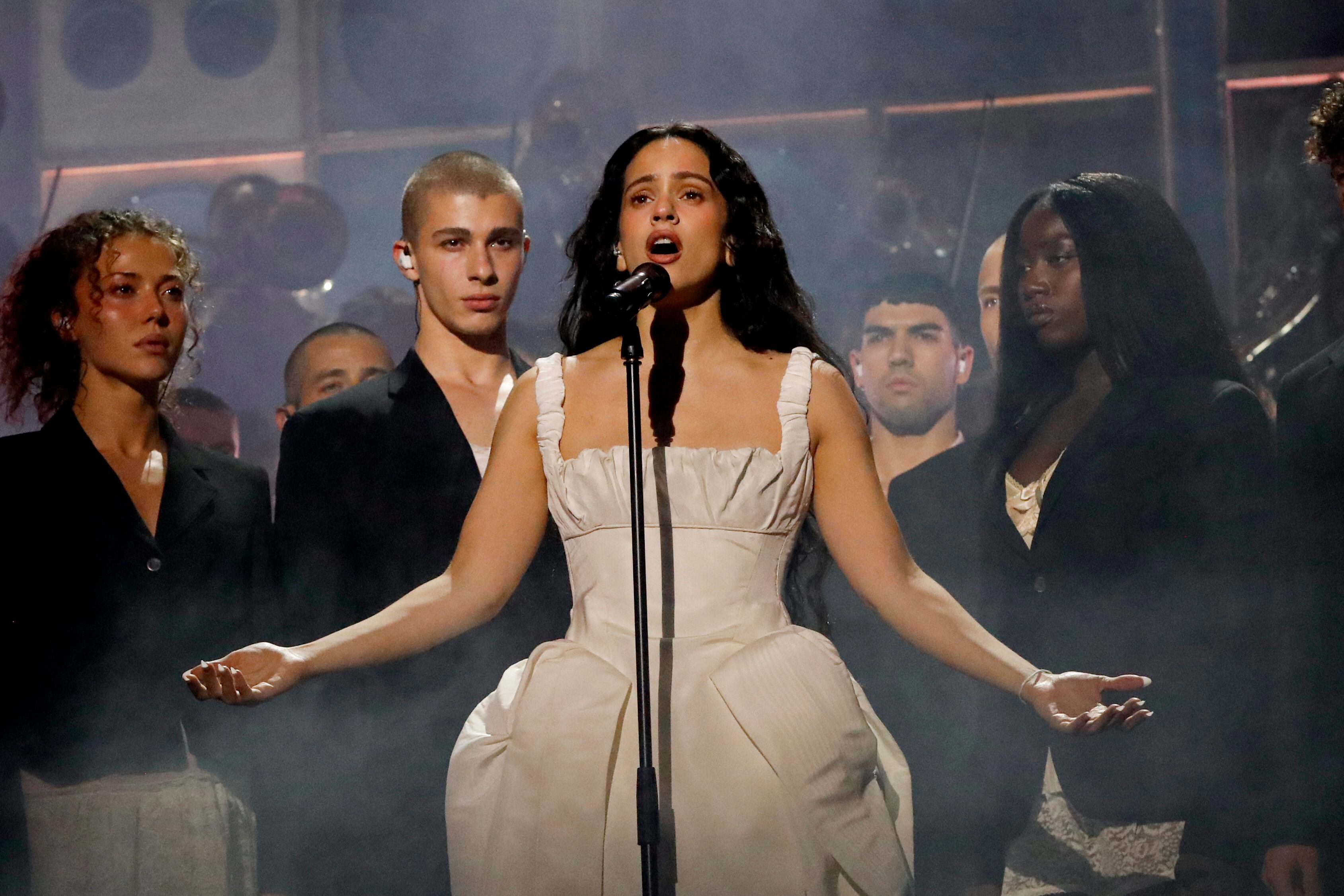 MANCHESTER, ENGLAND - FEBRUARY 28: (EDITORIAL USE ONLY) Rosalía performs on stage during The BRIT Awards 2026 at Co-op Live on February 28, 2026 in Manchester, England. (Photo by JMEnternational/Getty Images)