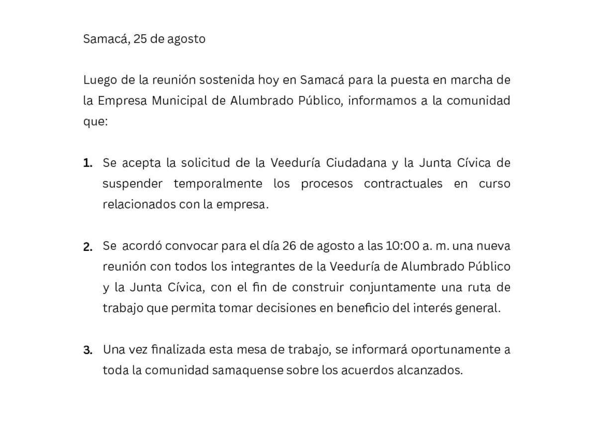 Suspenden procesos para la empresa de alumbrado público en Samacá