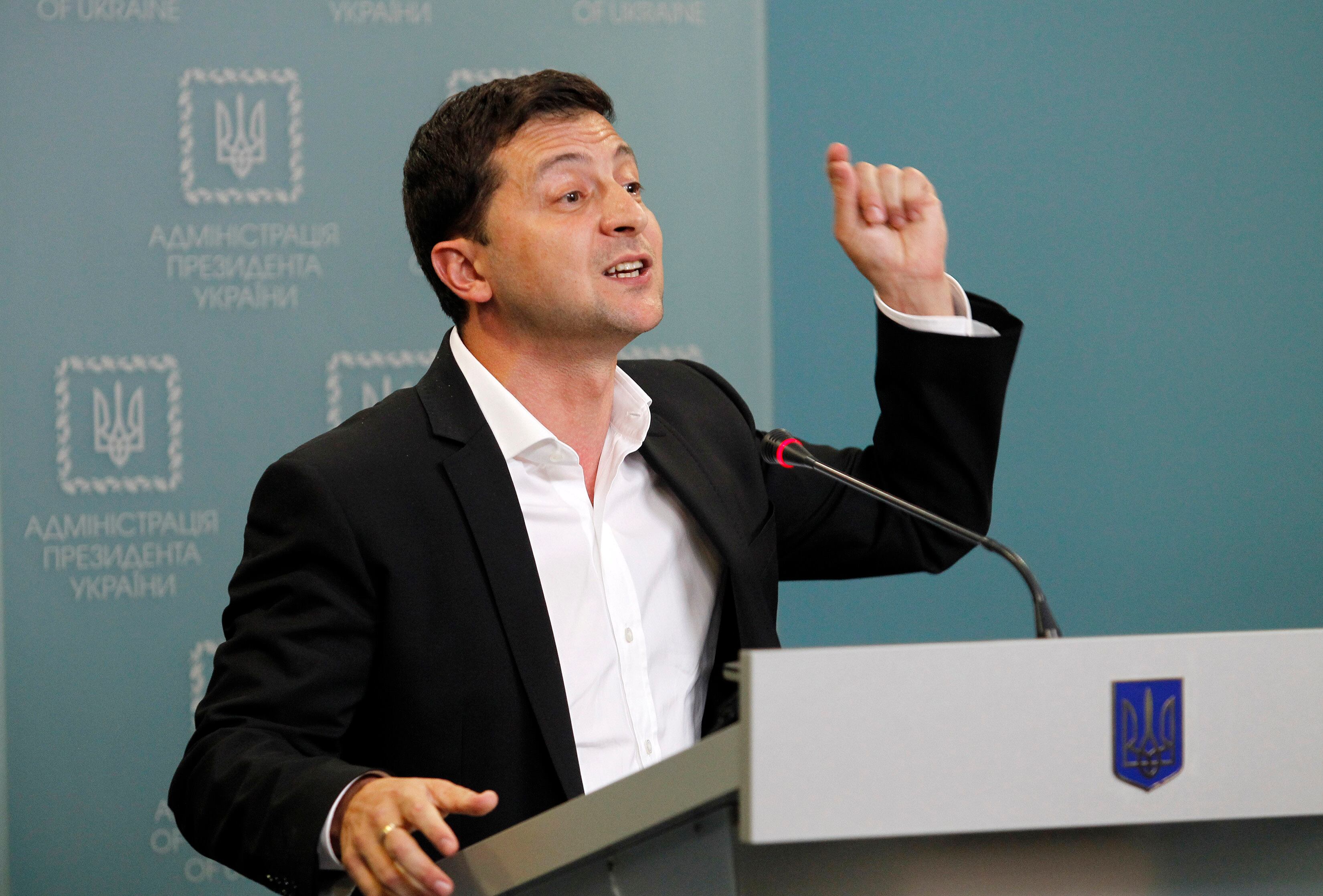 KIEV, UKRAINE - 2019/10/01: Ukrainian President Volodymyr Zelensky speaks during a press conference in Kiev. Ukraine has been at the core of a political storm in U.S. politics since the release of a whistle blower's complaint suggesting U.S. President Donald Trump at the expense of U.S. foreign policy, pressured Ukraine to investigate Trump's rival Joe Biden, and Biden's son Hunter Biden, as media reported. (Photo by Pavlo Gonchar/SOPA Images/LightRocket via Getty Images)