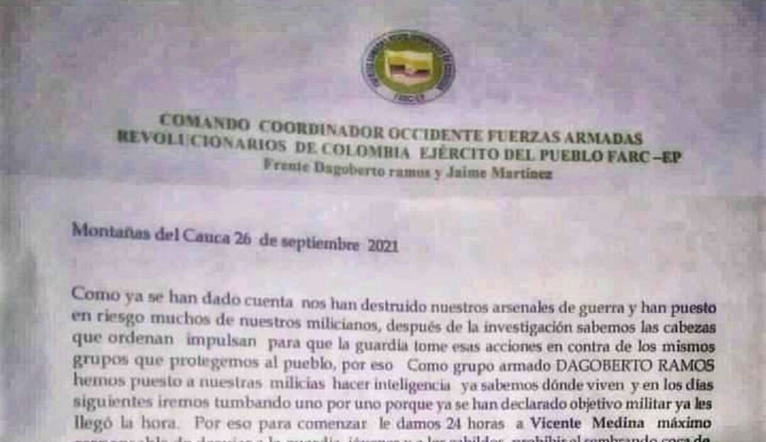 Amanazas de las disidencias de las Farc