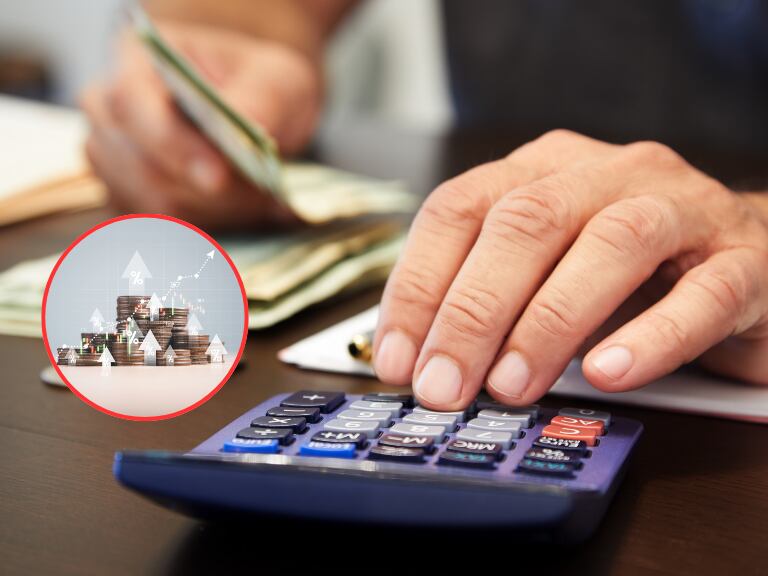Persona haciendo cálculos financieros y al lado una ilustración de rentabilidad en el dinero (Fotos vía Getty Images)