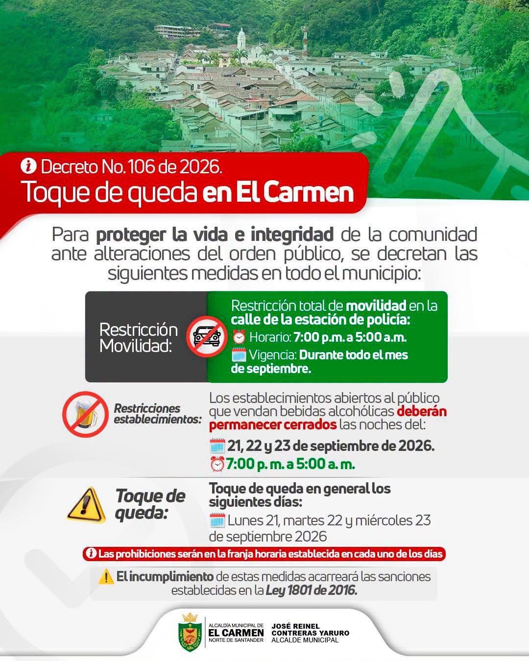 Toque de queda en El Carmen, Norte de Santander. / Foto: Alcaldía de El Carmen.
