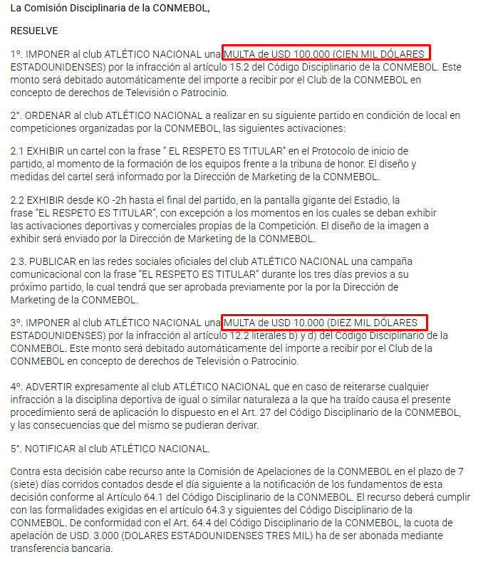 Sanción de la Conmebol a Atlético Nacional / Conmebol.