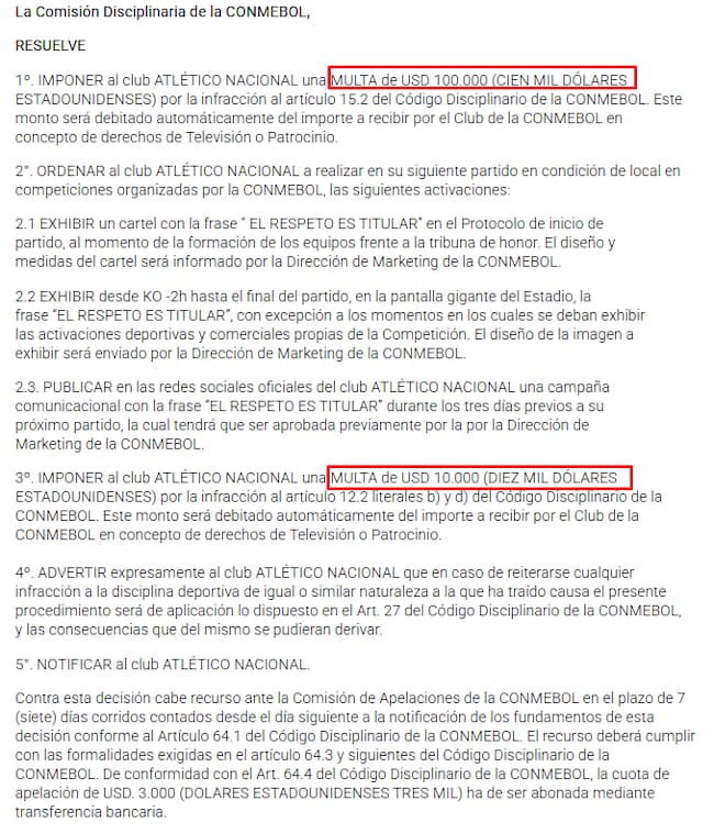 Sanción de la Conmebol a Atlético Nacional / Conmebol.