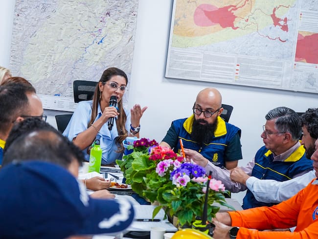 Adriana Matiz, gobernadora del Tolima, durante el Puesto de Mando Unificado en Ibagué para la atención de incendios forestales.