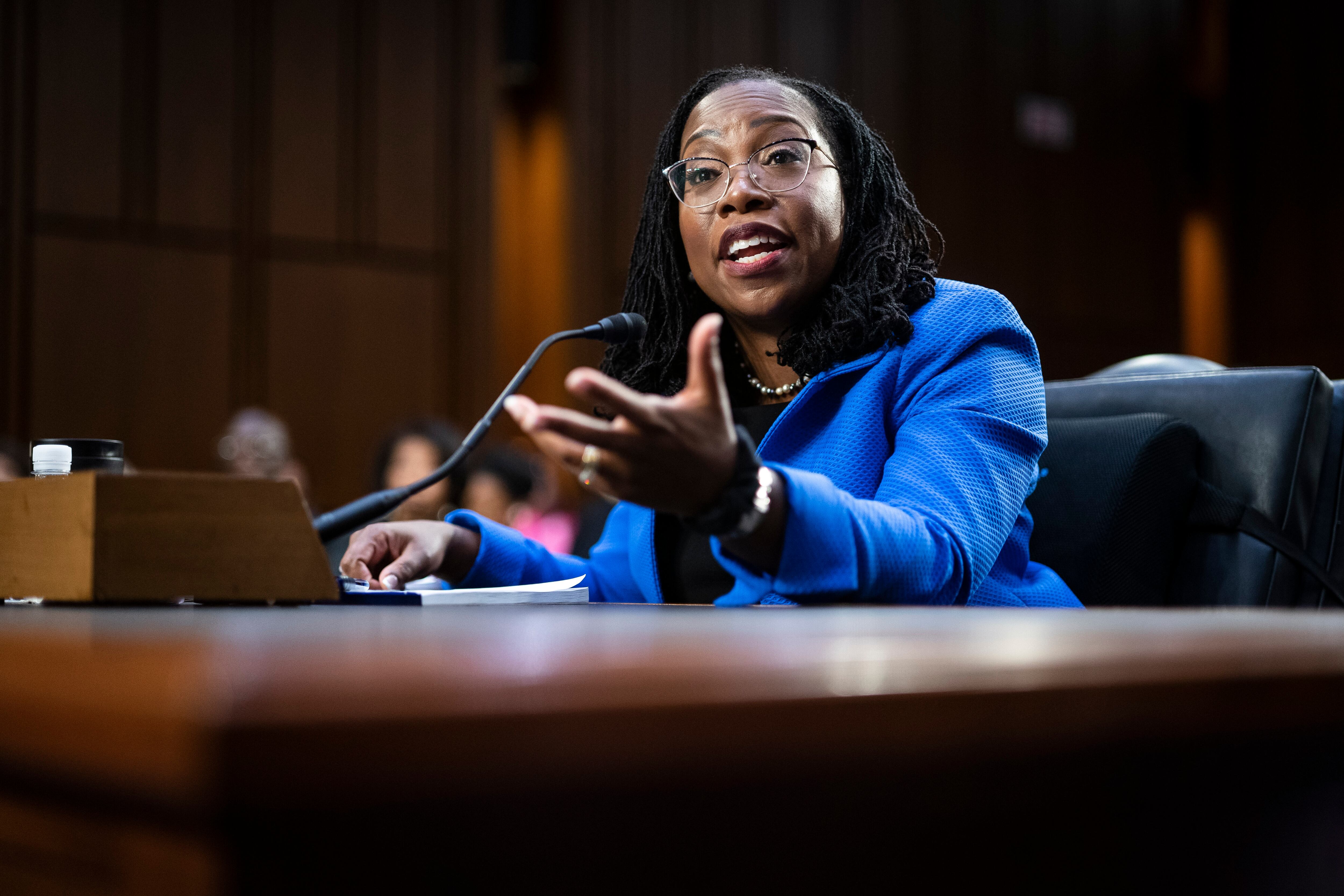 WASHINGTON, DC - MARCH 23: Supreme Court nominee Judge Ketanji Brown Jackson testifies on the third day of her confirmation hearing before the Senate Judiciary Committee on Capitol Hill on Wednesday, March 23, 2022 in Washington, DC. (Photo by Jabin Botsford/The Washington Post via Getty Images)