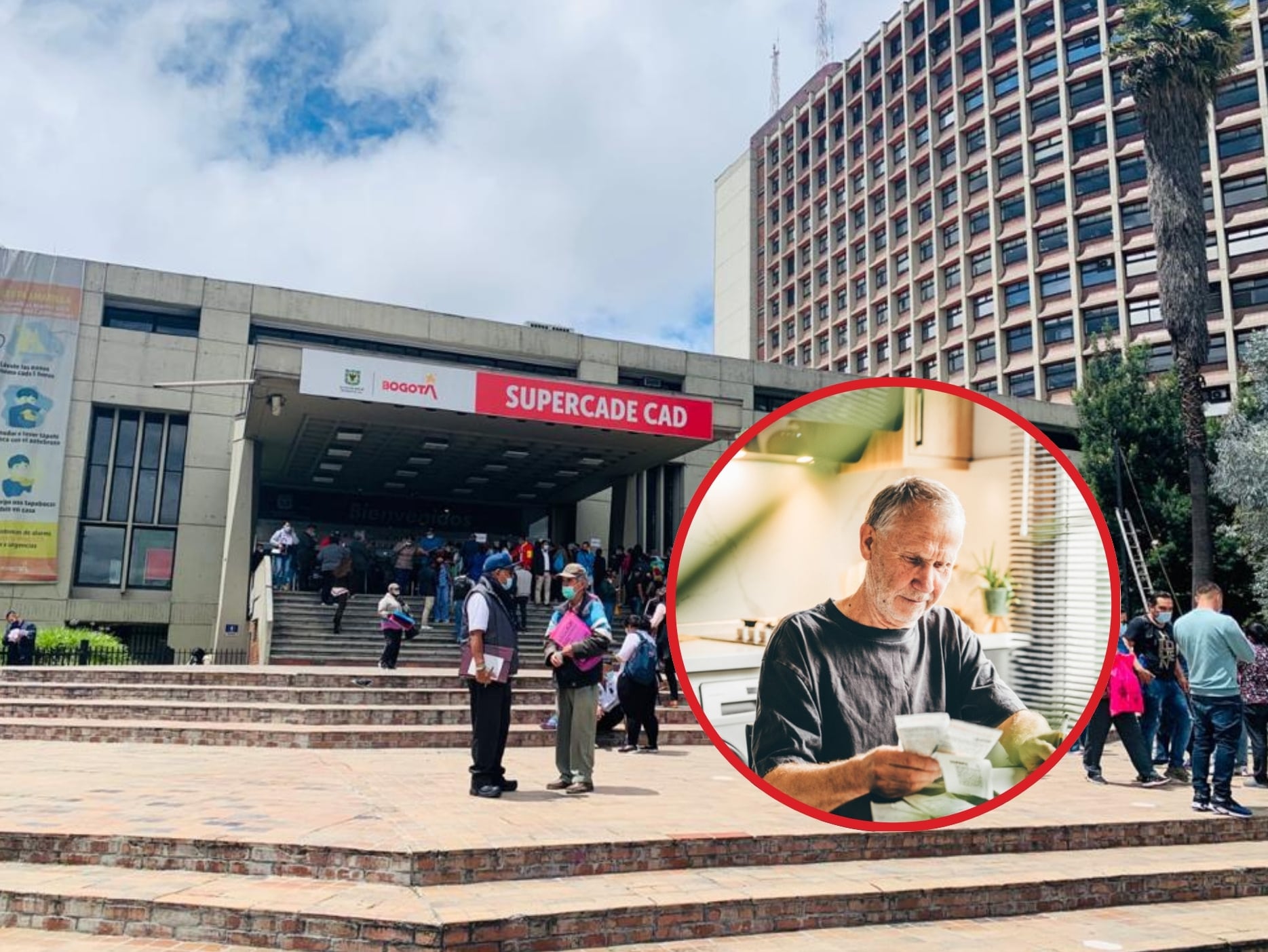 De fondo: Imagen del Centro Administrativo Distrital (CAD) sede Ave Cra 30 #25 - 90 (crédito: Alcaldía de Bogotá) / Abajo a la derecha: Imagen ilustrativa de un ciudadano revisando sus cuentas (Crédito: Getty Images)