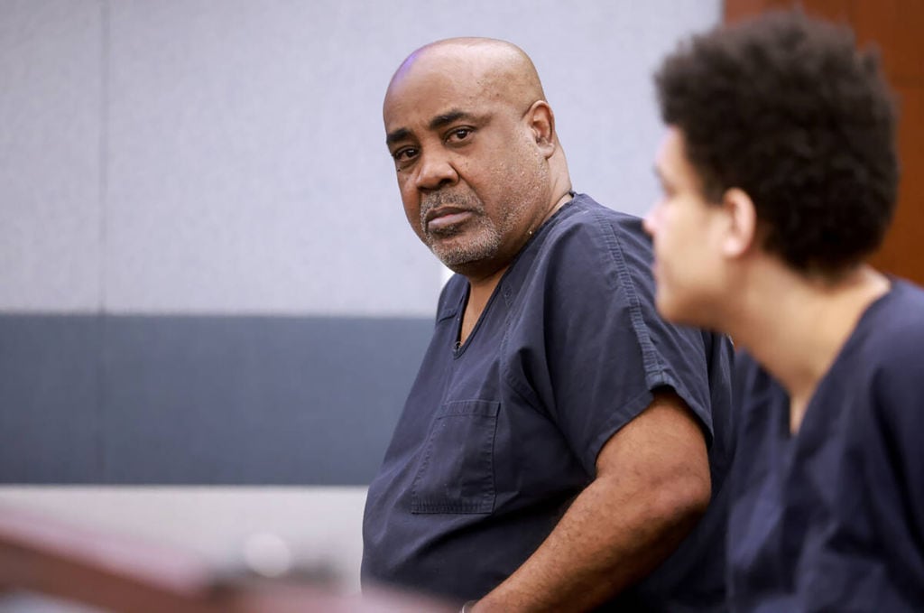 Duane "Keffe D" Davis, left, who is accused of orchestrating the 1996 slaying of hip-hop icon Tupac Shakur, waits to appear in court at the Regional Justice Center in Las Vegas on June 25, 2024. (K.M. Cannon/Las Vegas Review-Journal/Tribune News Service via Getty Images)