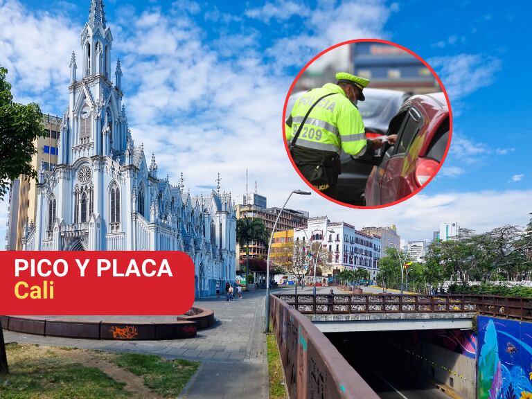 Vista de una zona de Cali y al lado un Policía de Colombia (Fotos vía Getty Images).