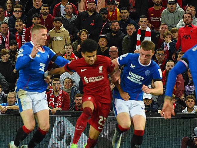 LIVERPOOL, ENGLAND - OCTOBER 04: (THE SUN OUT. THE SUN ON SUNDAY OUT) Luis Diaz of Liverpool is taken out for a penalty during the UEFA Champions League group A match between Liverpool FC and Rangers FC at Anfield on October 04, 2022 in Liverpool, England. (Photo by John Powell/Liverpool FC via Getty Images)
