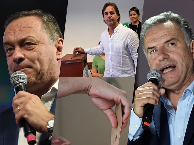 Los candidatos Yamandú Orsi (d) y Álvaro Delgado (i) disputarán la segunda vuelta presidencial el 24 de noviembre para ser el reemplazo del saliente Luis Lacalle Pou (c).
(Foto: Caracol Radio / Getty)