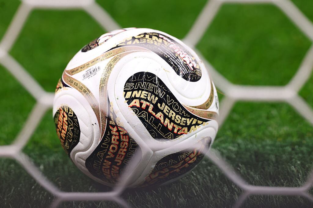ATLANTA, GEORGIA - JULY 15: Detail of the Adidas Trionda Final match ball during the FIFA World Cup 2026 Semi Final match between England and Argentina at Atlanta Stadium on July 15, 2026 in Atlanta, Georgia. (Photo by Catherine Ivill - AMA/Getty Images)