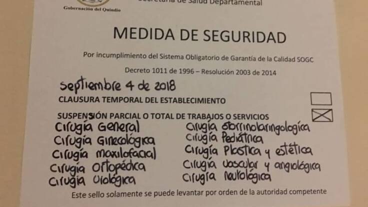 Secretaria de salud del Quindío cerró servicios quirúrgicos en clínica Esimed