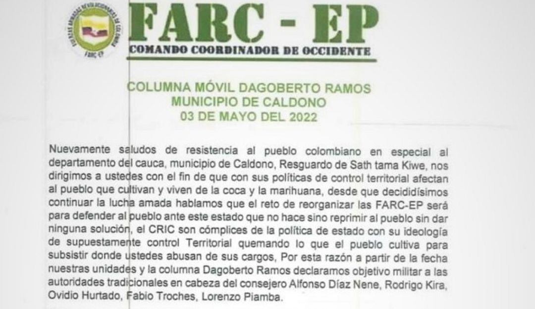 En las últimas horas empezó a circular un nuevo panfleto firmado por presuntas disidencias armadas en el que anuncian que atentarán contra la vida de varios líderes de la zona. 