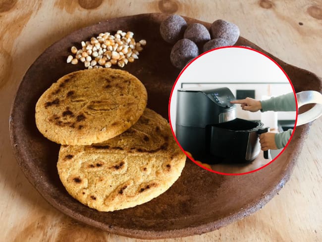 Freidora de Aire, imagen de referencia (Getty Images). Arepa Santandereana, imagen tomada de la cuenta oficial de X de Historia, Cultura: Santander Colombia y el Mundo.