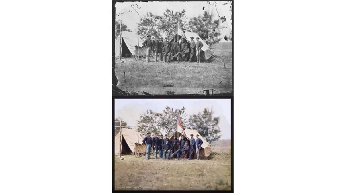 La cantidad de trabajo que debe invertirse en colorear las fotografías hace que la paciencia sea fundamental. (Foto en blanco y negro cortesía de la Librería del Congreso de EE.UU. / Foto en color: Jordan J. Lloyd / Dynamichrome).