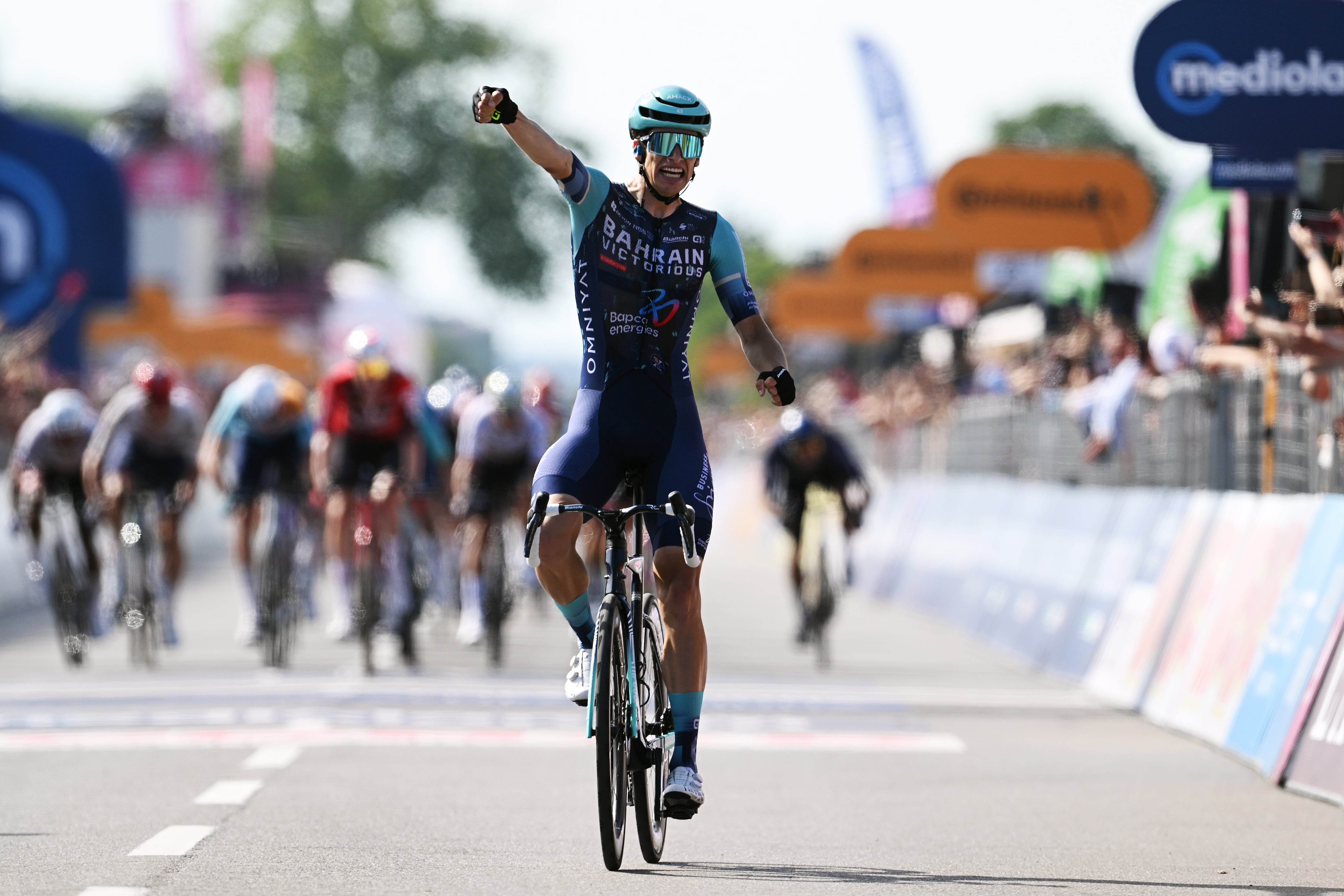 NOVI LIGURE, ITALY - MAY 21: Alec Segaert of Belgium and Team Bahrain - Victorious celebrates at finish line as stage winner during the 109th Giro d'Italia 2026, Stage 12 a 175km stage from Imperia to Novi Ligure / #UCIWT / on May 21, 2026 in  Novi Ligure, Italy. (Photo by Dario Belingheri/Getty Images)