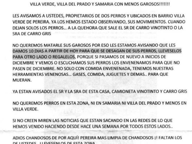 Polémica por amenaza de muerte a perros en Pereira