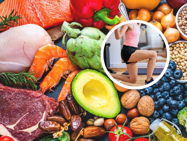 Alimentos de diferentes tipos y de fondo una persona haciendo ejercicio físico (Fotos vía Getty Images)