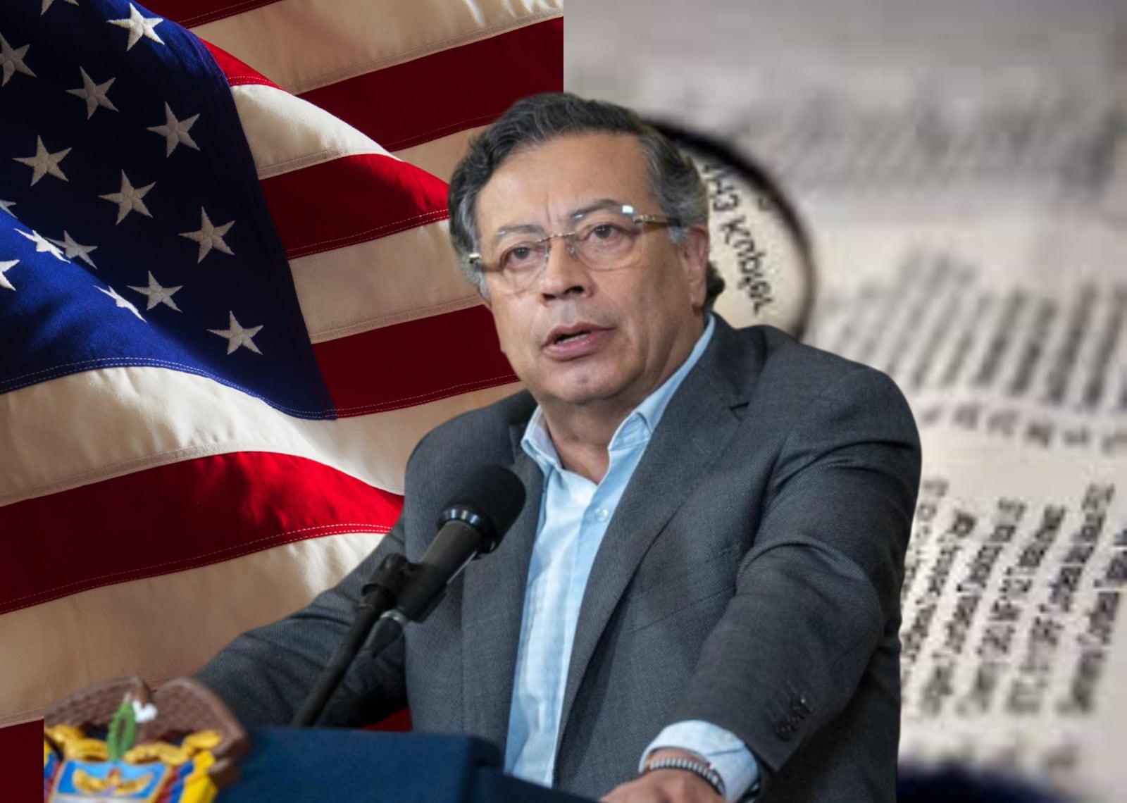 Gustavo Petro y bandera de Estados Unidos. Fotos: Colprensa / Getty Images