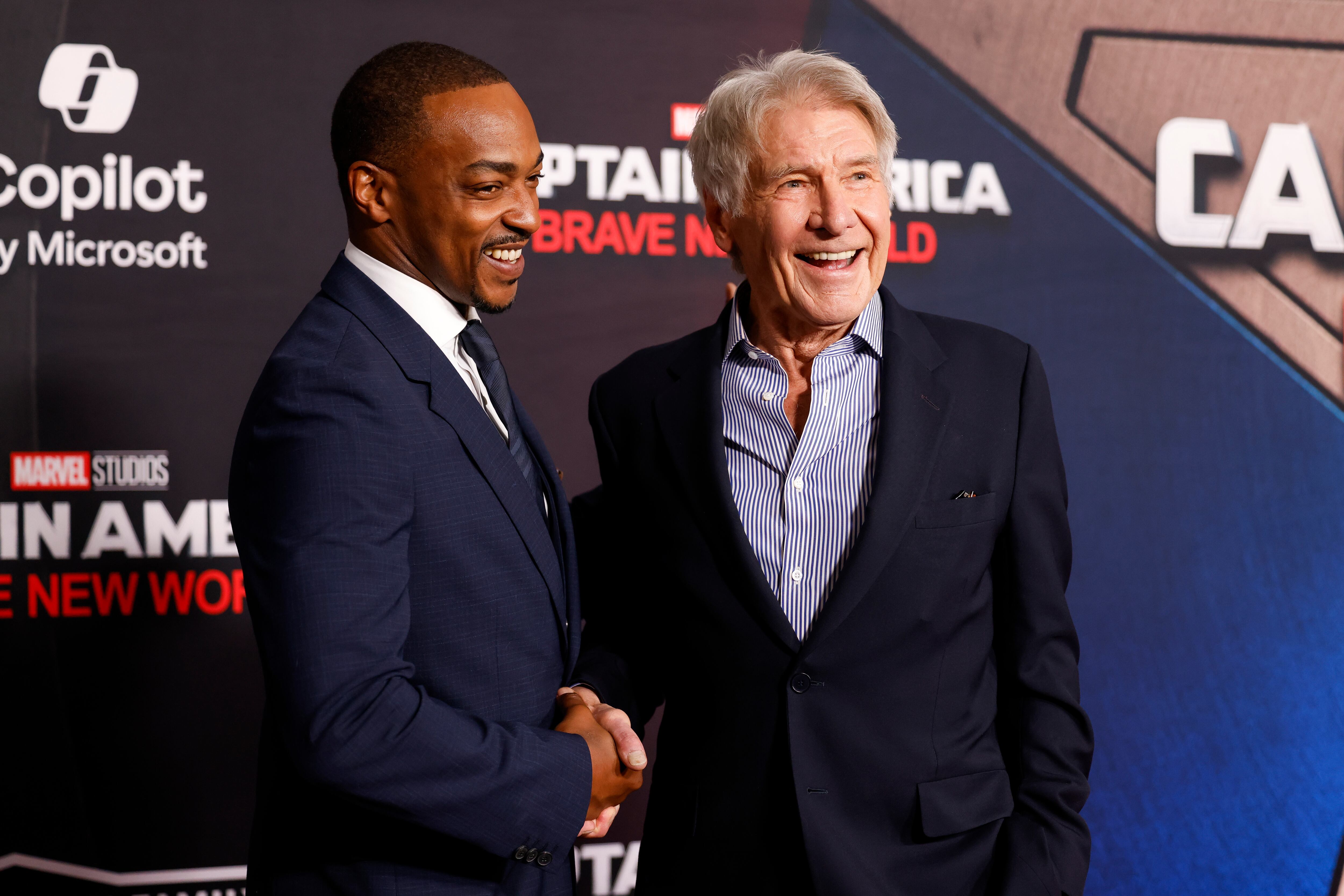 LOS ANGELES (United States), 12/02/2025.- US actors Anthony Mackie (L) and Harrison Ford (R) attend the premiere of the film 'Captain America: Brave New World' at the TCL Chinese Theatre in Los Angeles, California, USA, 11 February 2025. (Cine) EFE/EPA/CAROLINE BREHMAN