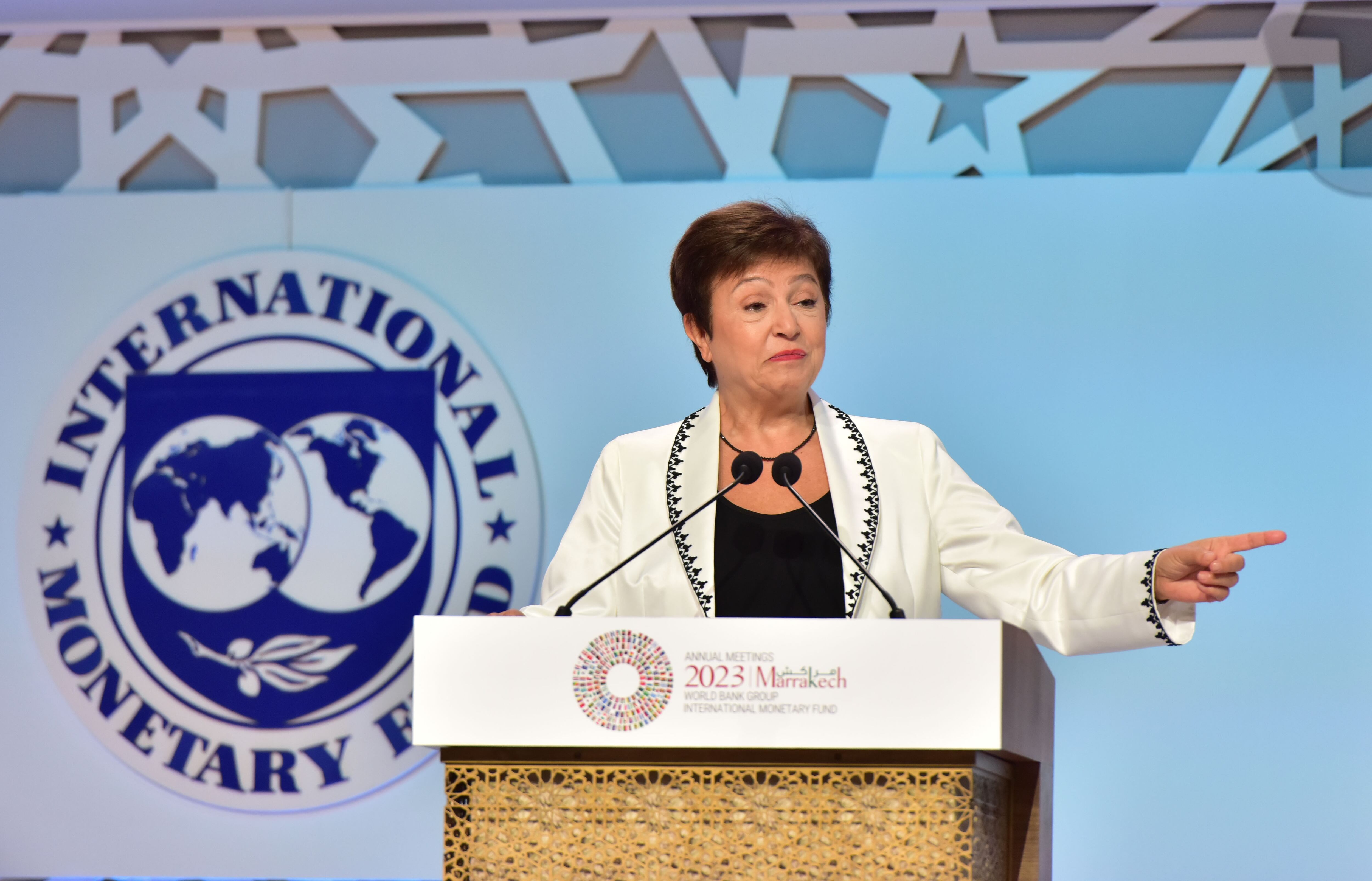 MARRAKESH, MOROCCO - OCTOBER 13: International Monetary Fund (IMF) Managing Director Kristalina Georgieva speaks during the International Monetary Fund (IMF) meeting in Marrakesh, Morocco on October 13, 2023. (Photo by Abu Adem Muhammed/Anadolu via Getty Images)