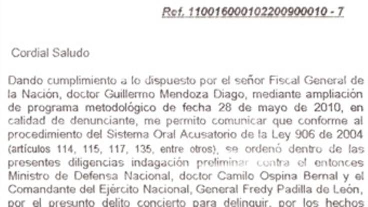 Uribe pide rectificar documento donde citan a indagación preliminar al general Padilla