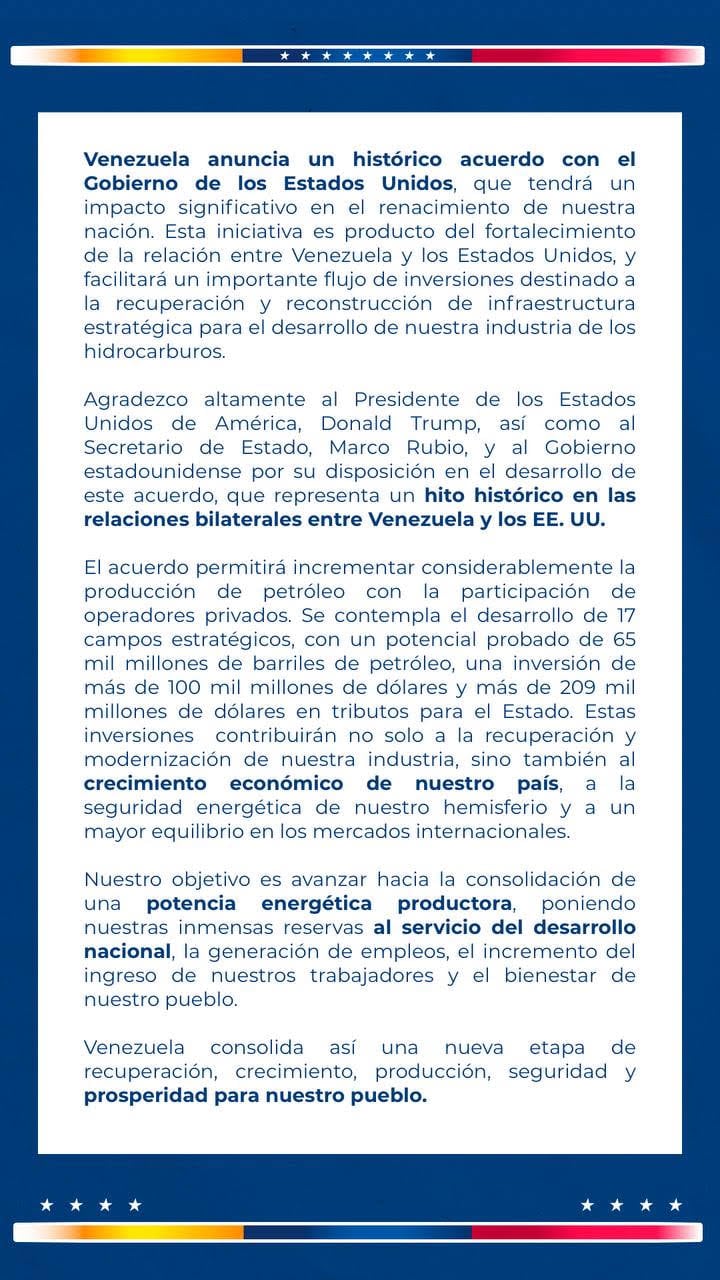 Venezuela anuncia inversión de 100 mil millones de dólares tras acuerdo energético con EE.UU.