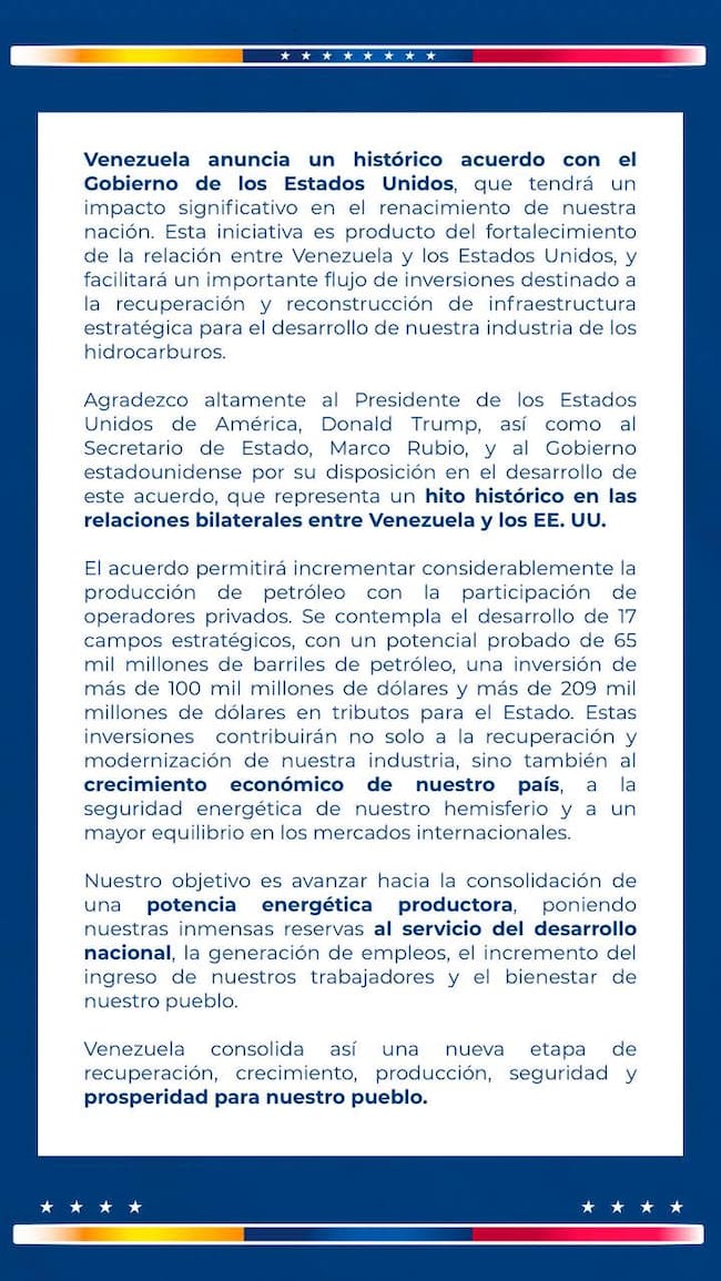 Venezuela anuncia inversión de 100 mil millones de dólares tras acuerdo energético con EE.UU.