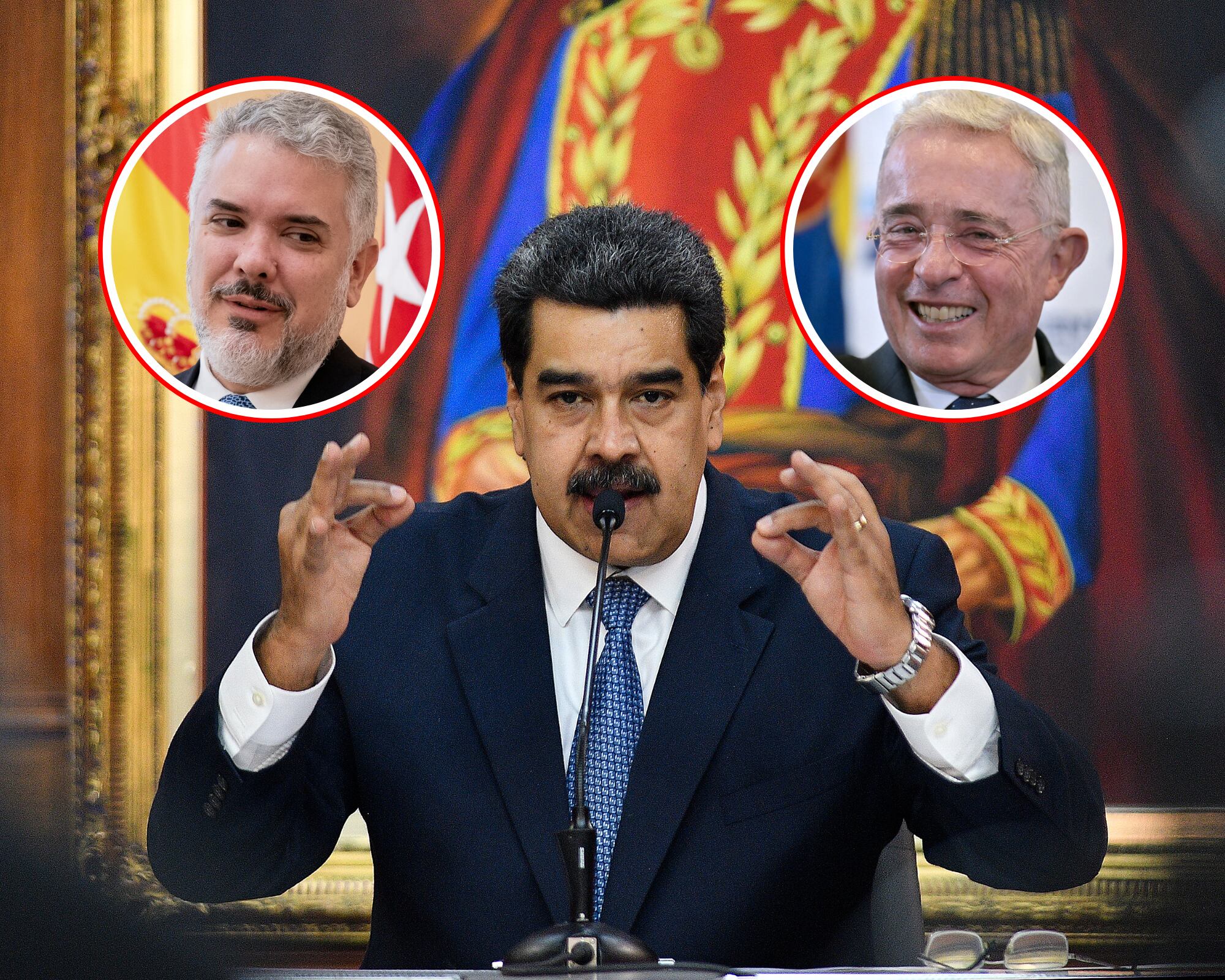 El presidente de Venezuela, Nicolás Maduro. En los círculos, los expresidentes de Colombia Iván Duque (i) y Álvaro Uribe (d).
(Foto:   Caracol Radio / Getty )