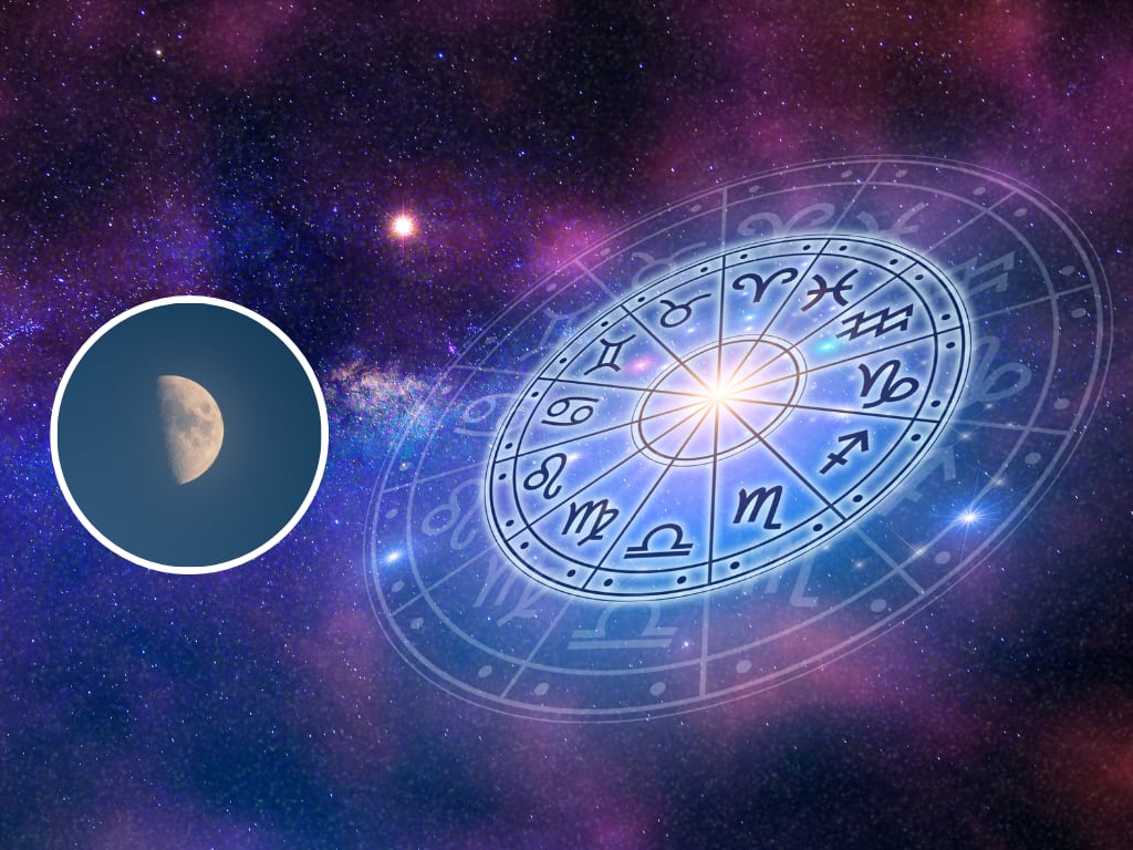 Ilustración del horóscopo y de fondo la luna en su fase de cuarto creciente (Fotos vía Getty Images)