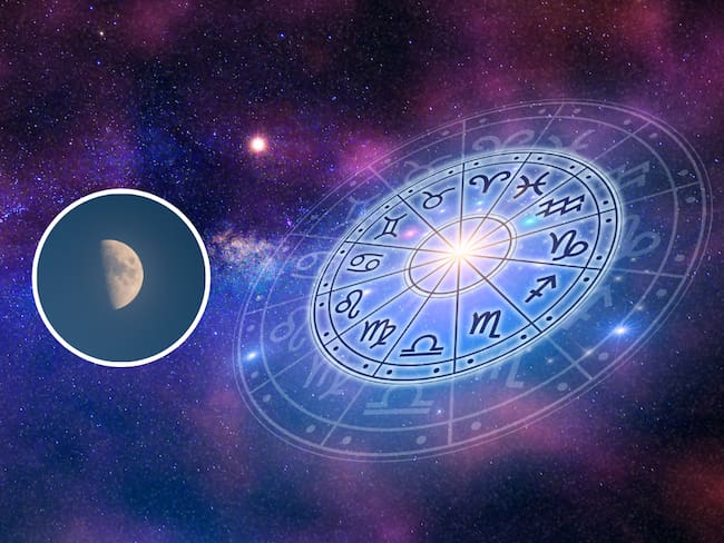 Ilustración del horóscopo y de fondo la luna en su fase de cuarto creciente (Fotos vía Getty Images)