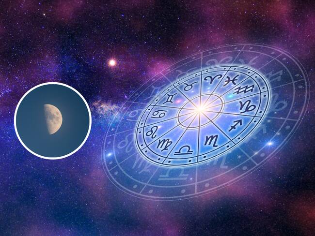 Ilustración del horóscopo y de fondo la luna en su fase de cuarto creciente (Fotos vía Getty Images)