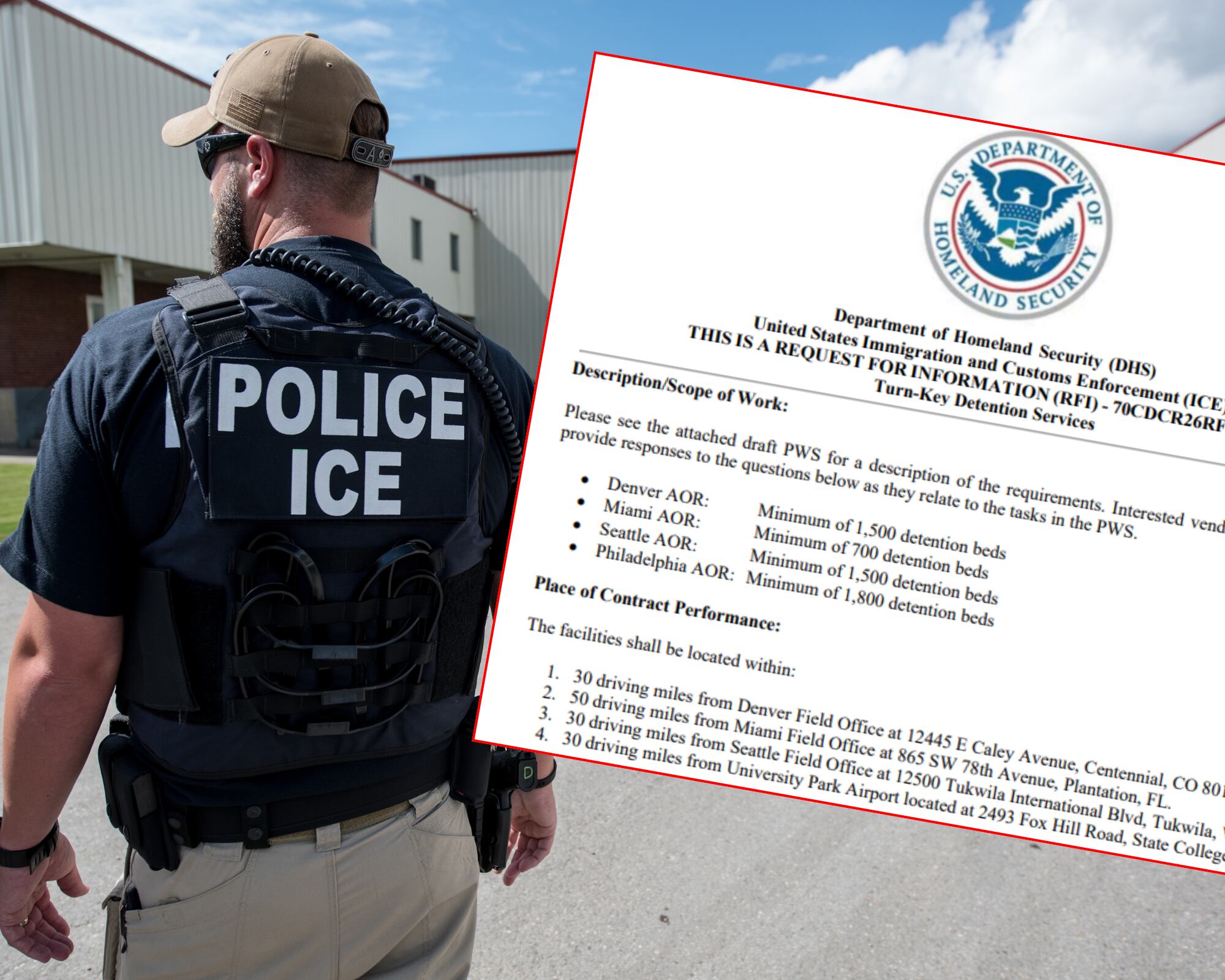 Un documento público revela que ICE está buscando ampliar la capacidad de migrantes que pueden detener en estas ciudades estadounidenses.
(Foto: Caracol Radio / Getty / Cortesía SAM.gov)
