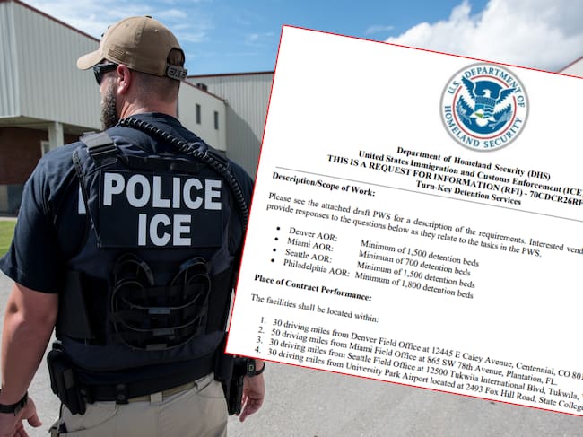 Un documento público revela que ICE está buscando ampliar la capacidad de migrantes que pueden detener en estas ciudades estadounidenses.
(Foto: Caracol Radio / Getty / Cortesía SAM.gov)