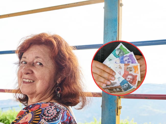 Adulta mayorsonriendo y de fondo una persona con billetes colombianos de distinta denominación (Fotos vía Getty Images)