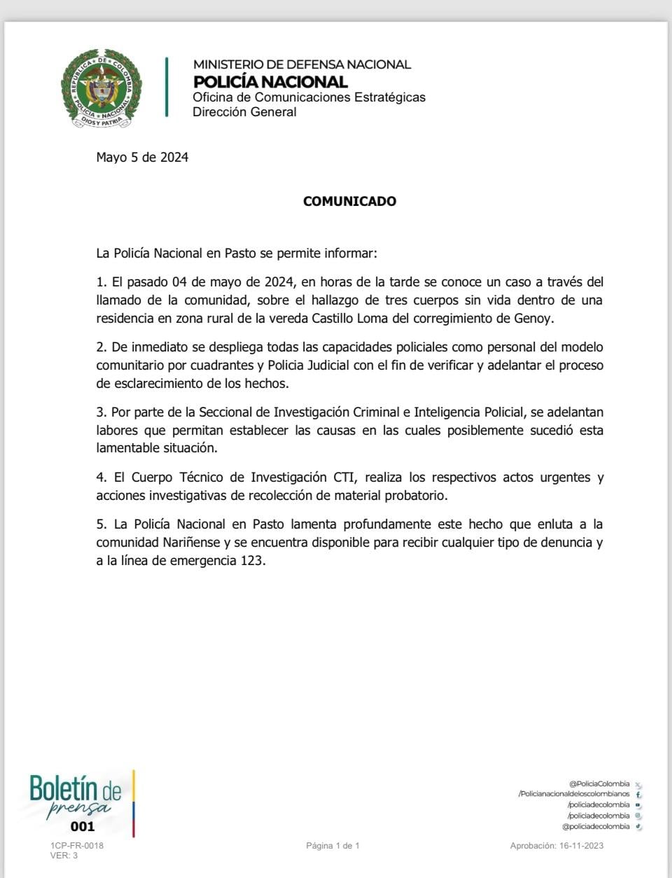 Comunicado Policía Nacional