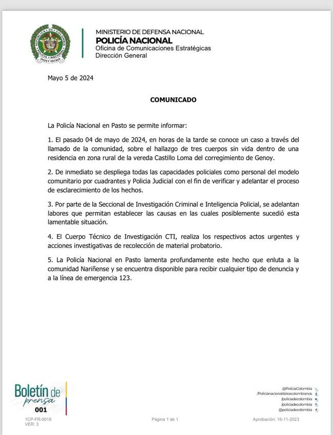Comunicado Policía Nacional