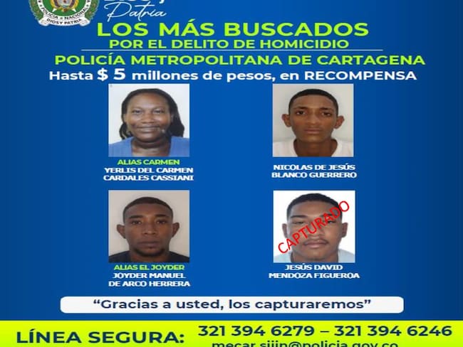 $5 millones de recompensa por la captura de los más buscados por homicidio en Cartagena