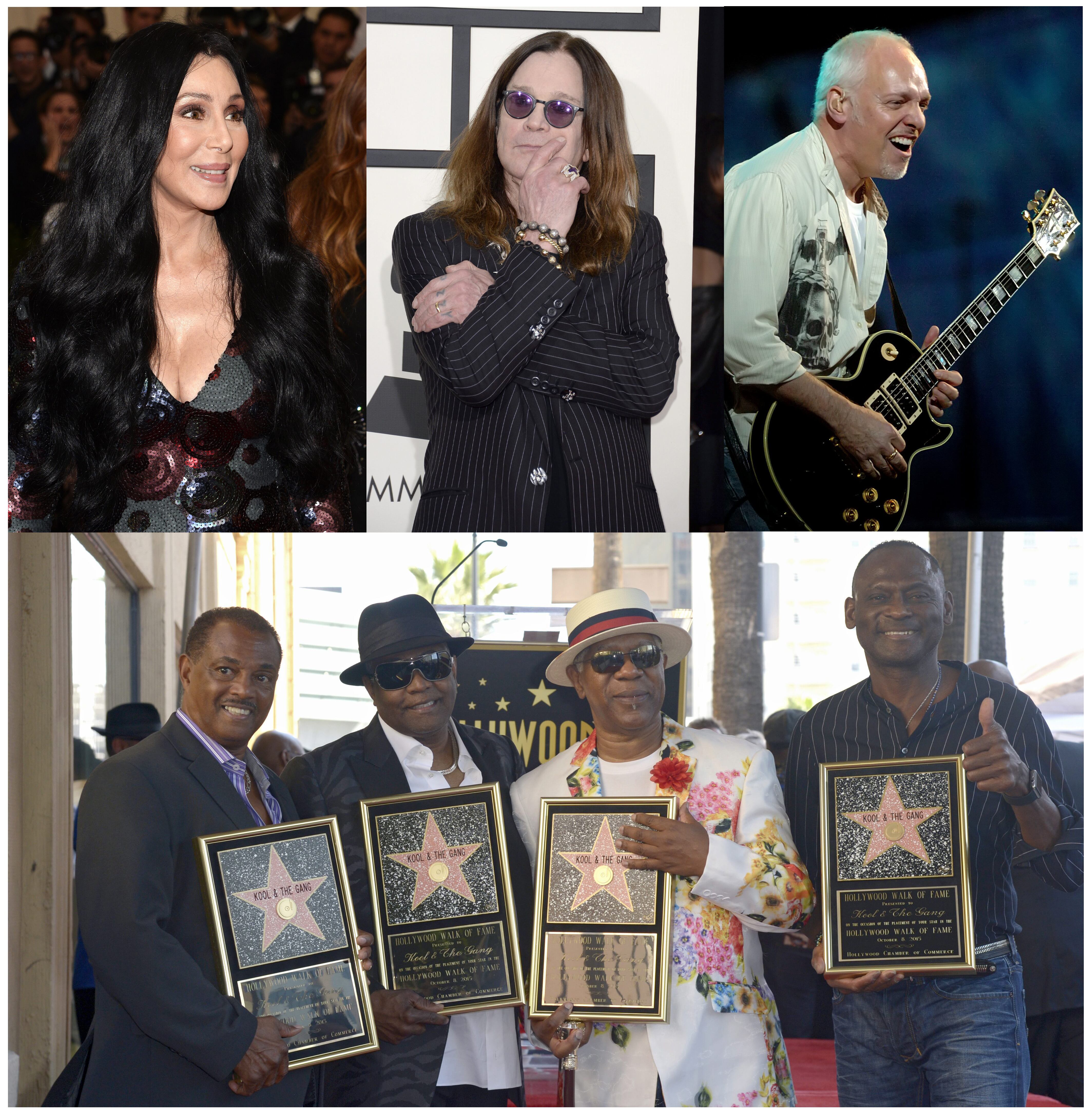 AME9417.  WASHINGTON (EE.UU.), 22/04/2024.- Combo de fotografías de archivo que muestra, arriba desde la izquierda, a la cantante estadounidense Cher, el cantante británico Ozzy Orbourne, y el cantante británico Peter Frampton; abajo los integrantes de la agrupación Kool and the Gang. Cher, Ozzy Osbourne, Peter Frampton y la banda Kool and the Gang están entre los candidatos admitidos para el Salón de la Fama del Rock'n Roll este 2024. EFE/ Archivo