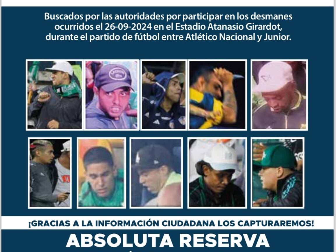 Cartel hinchas buscados por agresiones en el estadio de Medellín